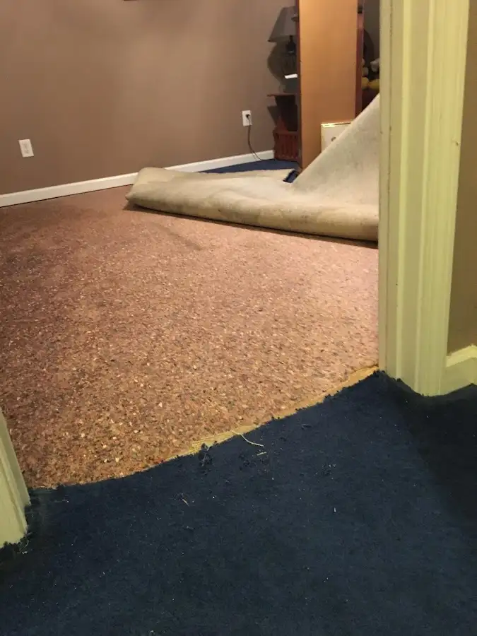 Carpet pad removal revealing water damage during Water Mitigation Services in Floresville